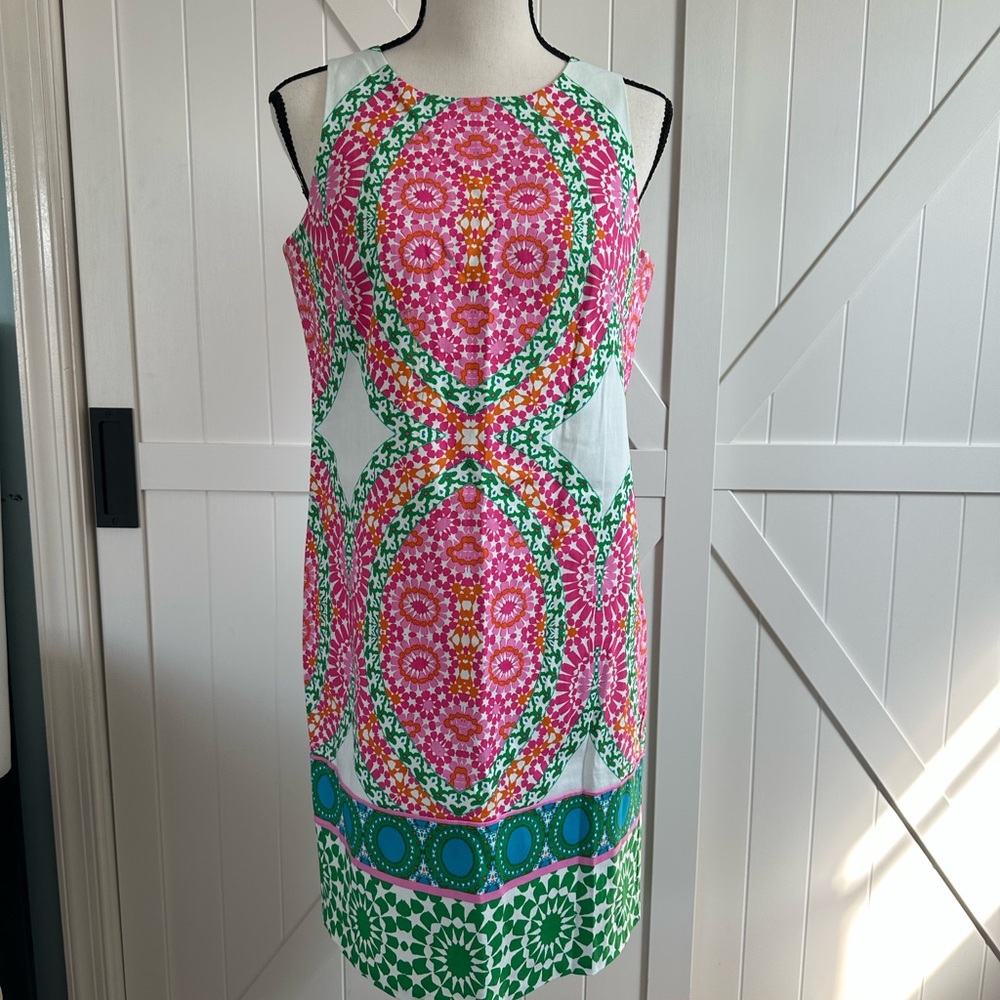 London Times Sleeveless Shift Dress Size 6 Bright Pink Green Geometric Print